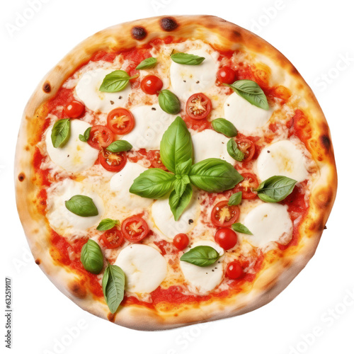 Vegetarian pizza margherita with mozzarella, fresh tomatoes, basil, isolated on transparent background, Generative AI