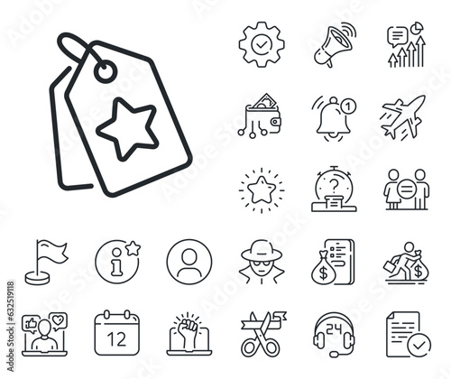 Bonus points. Salaryman, gender equality and alert bell outline icons. Loyalty star tags line icon. Discount program symbol. Loyalty tags line sign. Spy or profile placeholder icon. Vector