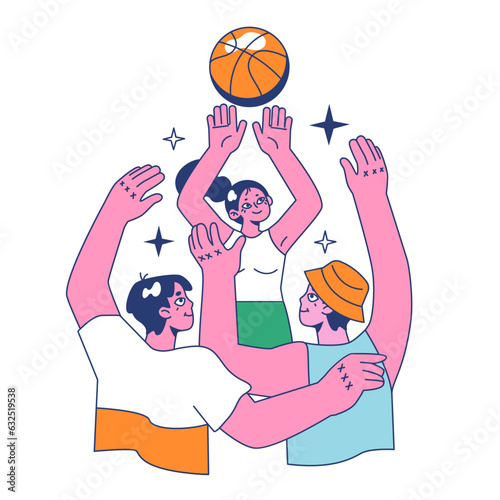 Streetball game. Team players play basketball outside. Teen or young