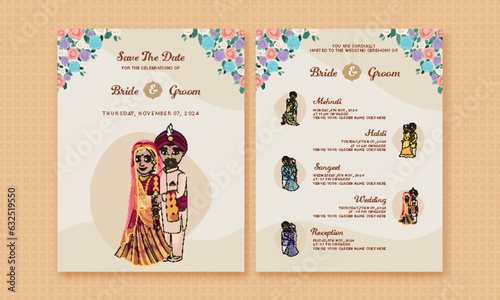 Indian Wedding Invitation Card Template with Bride Groom Character in Traditional Attire.