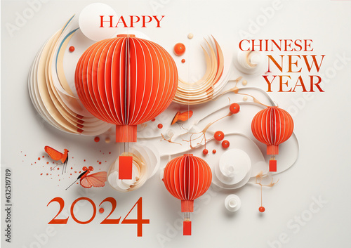 2024 chiness new year backgrond for banner, poster, flyer, postcard. Chinese lantern and ornament decoration, Modern and minimal style on white background. AI generative illustration