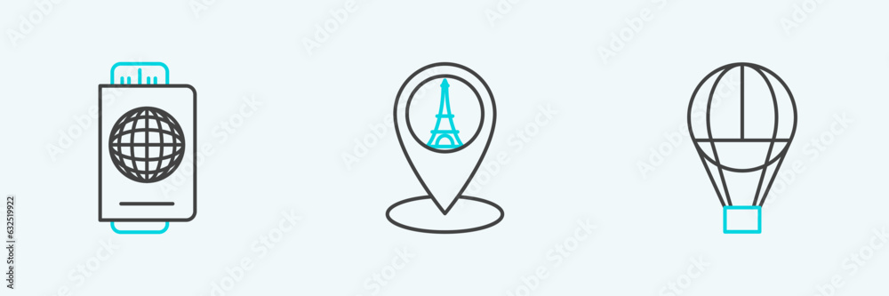 Set line Hot air balloon, Passport with ticket and Map pointer Eiffel tower icon. Vector Set line Hot air balloon, Passport with ticket and Map pointer Eiffel tower icon. Vector