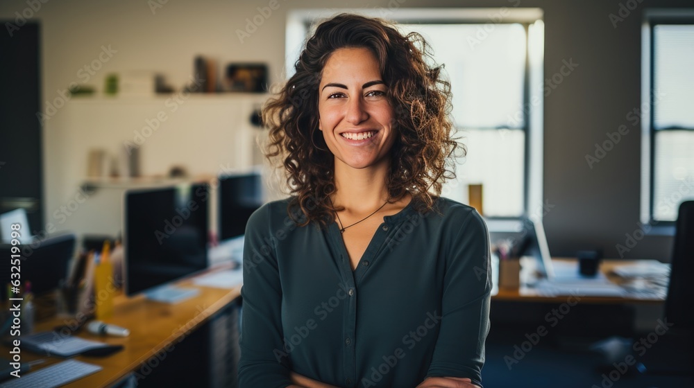 This studio scene captures a successful professional graphic designer standing confidently amidst her creative domain This studio scene captures a successful professional graphic designer standing confidently amidst her creative domain