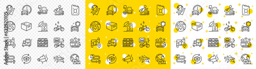 Outline Canister oil, Dog leash and Storage line icons pack for web with Car rental, Map, Office box line icon. Car secure, Inventory cart, Paper plane pictogram icon. Vector