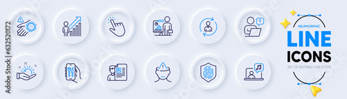 Employee result, Teacher and Wash hand line icons for web app. Pack of Music, Online question, Sunny weather pictogram icons. Mental health, Person info, Job interview signs. Fingerprint. Vector
