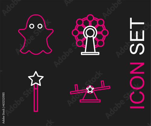 Set line Seesaw, Magic wand, Ferris wheel and Ghost icon. Vector