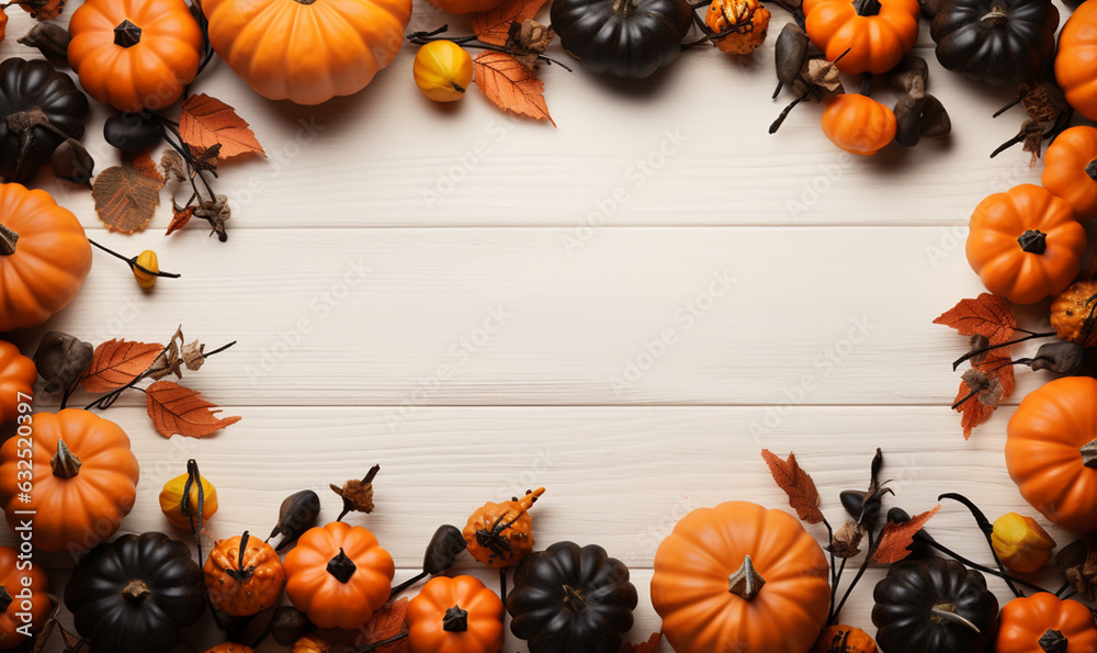 Pumpkin and leaves flat lay design, White wooden space for text copy. Autumn ornament decoration. design for poster, banner, wallpaper, card. Pumpkin and leaves flat lay design, White wooden space for text copy. Autumn ornament decoration. design for poster, banner, wallpaper, card.