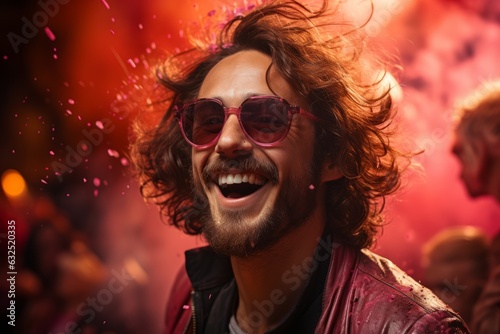 Man with curly hair and sunglasses is smiling. Beautiful illustration picture. Generative AI