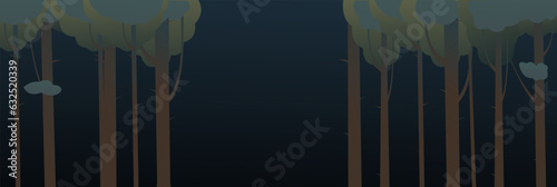 Nightlife trees. Green summer landscape with plants. Cartoon fun style. horizontal composition. Flat design. Vector.