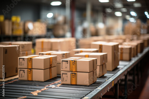 parcels move swiftly along a conveyor belt, showcasing the efficiency and automation of logistics management in warehouse