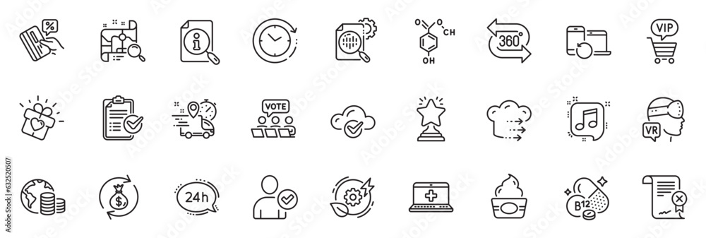 Icons pack as Reject certificate, 360 degree and Food delivery line icons for app include Augmented reality, Love gift, Vip shopping outline thin icon web set. Time change. Vector