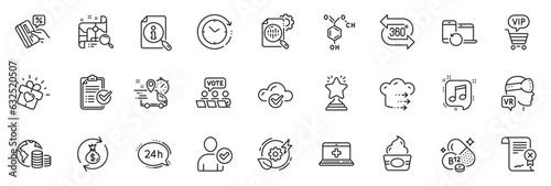 Icons pack as Reject certificate, 360 degree and Food delivery line icons for app include Augmented reality, Love gift, Vip shopping outline thin icon web set. Time change. Vector