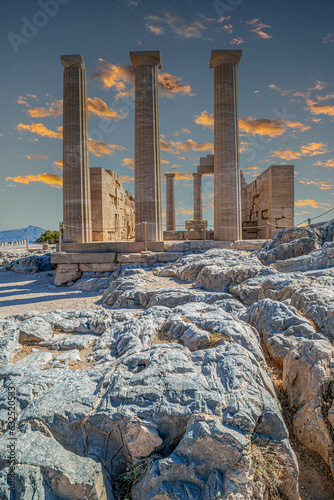 Ruins of Temple of Athena Lindia, on Acropolis of Lindos, Lindos, Rhodes island, Greece