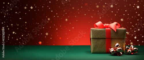 New Year's gift in a golden box, on a green table and on a red background with sparkles, a place for an inscription