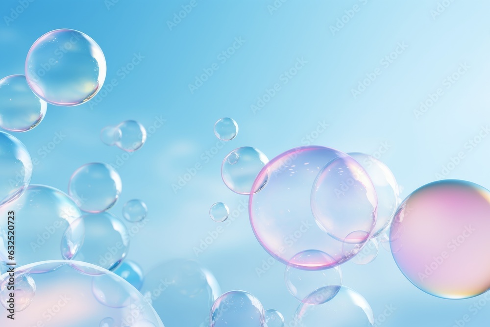 Colorful soap bubbles in the sky. Beautiful illustration picture. Generative AI