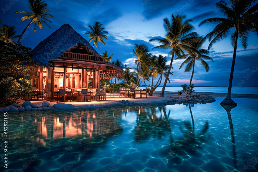 Basking in the moonlight at a serene Maldives hotel villa, with the tranquil waves gently caressing the shore, creating a picturesque and peaceful ambiance.