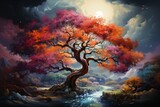 Modern art, oil painting of large tree. Beautiful illustration picture. Generative AI