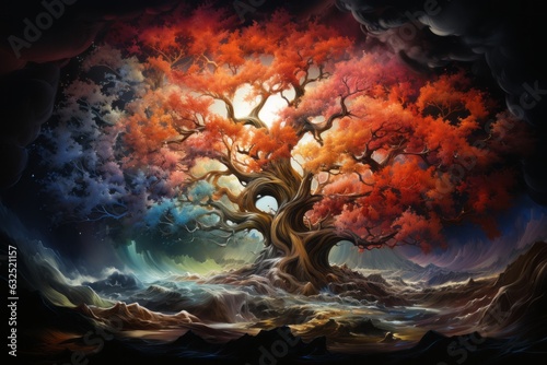 Modern art, oil painting of large tree. Beautiful illustration picture. Generative AI