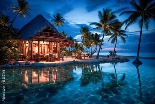 Basking in the moonlight at a serene Maldives hotel villa, with the tranquil waves gently caressing the shore, creating a picturesque and peaceful ambiance.