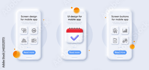 Idea, Food delivery and Clipboard line icons pack. 3d phone mockups with calendar. Glass smartphone screen. Graph chart, Update data, Identification card web icon. Vector photo