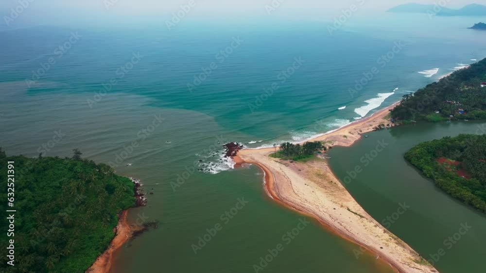 Aerial Drone View Of Rivermouth In Galgibaga Beach, South Goa, India.