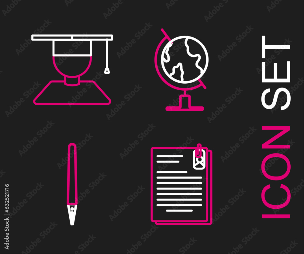 Set line File document and paper clip, Pen, Earth globe and Graduate graduation cap icon. Vector Set line File document and paper clip, Pen, Earth globe and Graduate graduation cap icon. Vector
