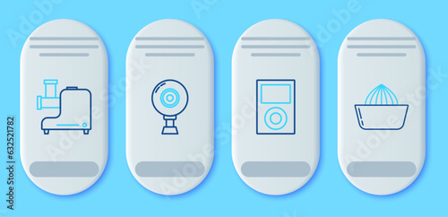 Set line Web camera, Music player, Kitchen meat grinder and Citrus fruit juicer icon. Vector