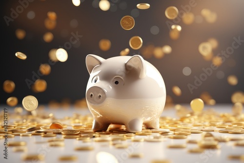 Piggy bank with falling coins. Savings and investment. Generative Ai