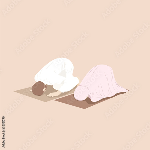 Muslim couple praying together in sujud position in the prayer mat