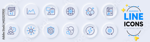 Multichannel, Diagram and Report document line icons for web app. Pack of Cogwheel, 5g internet, Vitamin n pictogram icons. Clipboard, Renewable power, Vocabulary signs. Dice. Vector
