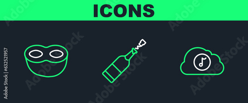 Set line Music streaming service, Festive mask and Champagne bottle icon. Vector