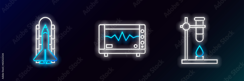 Set line Glass test tube flask on fire heater, Space shuttle and rockets and Computer monitor with cardiogram icon. Glowing neon. Vector