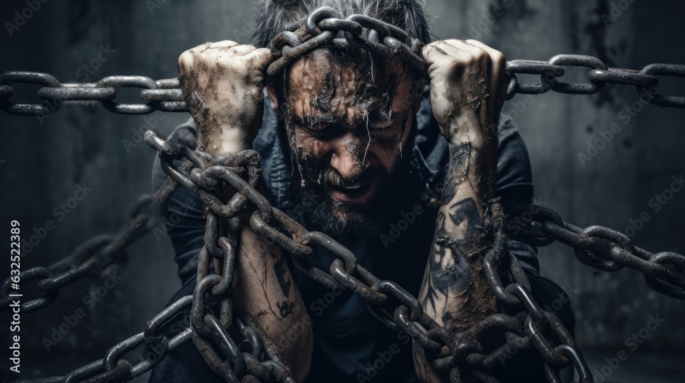 A man in chains tries to break free, depression, mental health, sadness