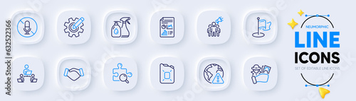 Internet warning, Cleaning liquids and Canister oil line icons for web app. Pack of No microphone, Fraud, Milestone pictogram icons. Teamwork, Report document, Cogwheel signs. Handshake. Vector