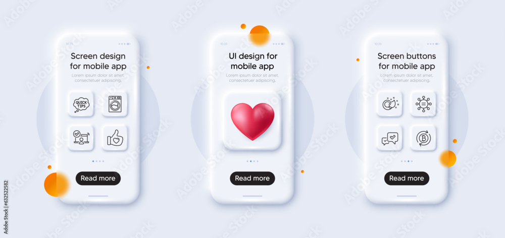 Washing machine, Refresh bitcoin and Approve line icons pack. 3d phone mockups with heart. Glass smartphone screen. Quick tips, Online access, Like hand web icon. Paint brush, Ethics pictogram. Vector Washing machine, Refresh bitcoin and Approve line icons pack. 3d phone mockups with heart. Glass smartphone screen. Quick tips, Online access, Like hand web icon. Paint brush, Ethics pictogram. Vector