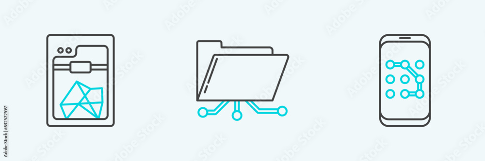 Set line Mobile and graphic password protection, 3D printer and Folder lock icon. Vector Set line Mobile and graphic password protection, 3D printer and Folder lock icon. Vector