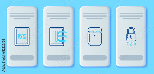 Set line Tablet, Air headphones in box, with text 5k and Lock digital circuit board icon. Vector