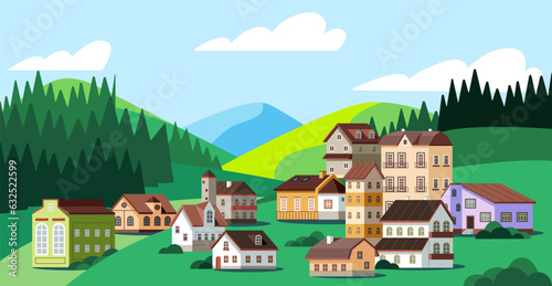 Town and nature, countryside. Country between meadows, forest, mountains, hills and sunny landscape. Village buildings with big windows and tile roof, holiday outside. Flat cartoon vector illustration