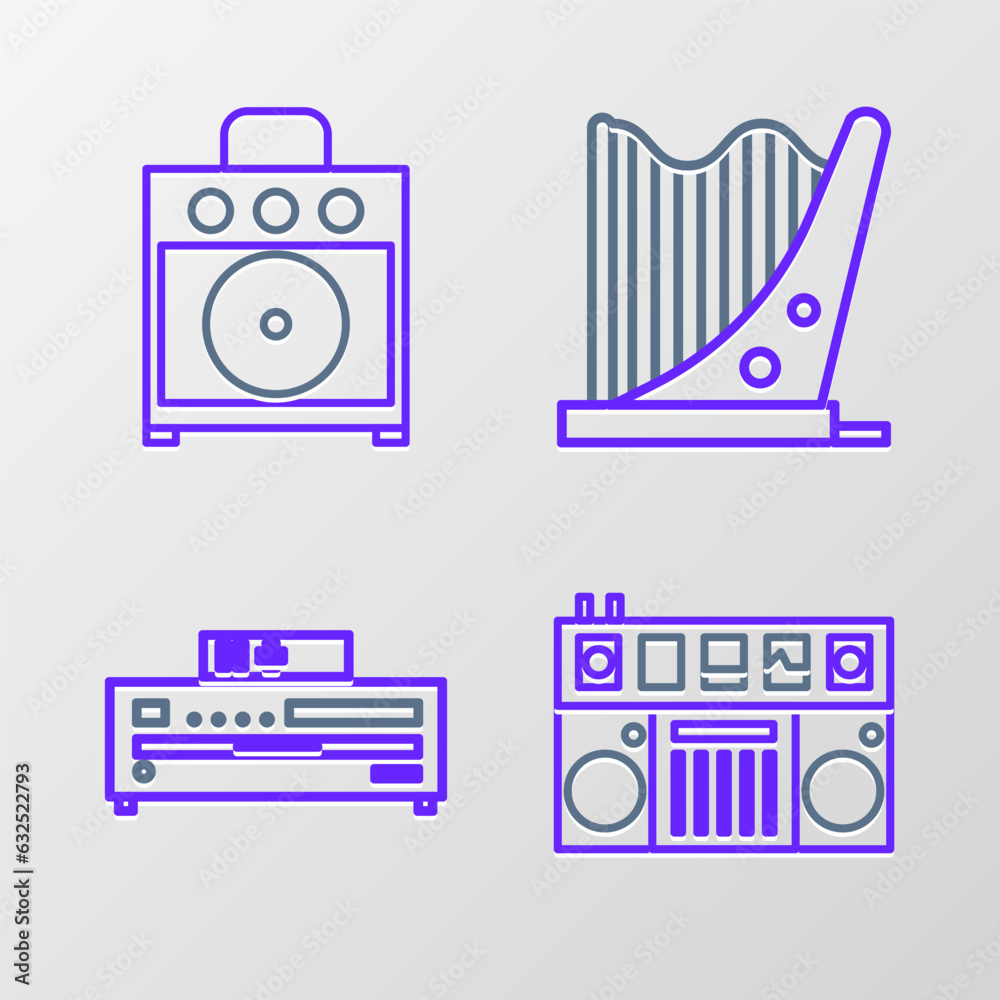 Obraz premium Set line DJ remote for playing and mixing music, Music CD player, Harp and Guitar amplifier icon. Vector