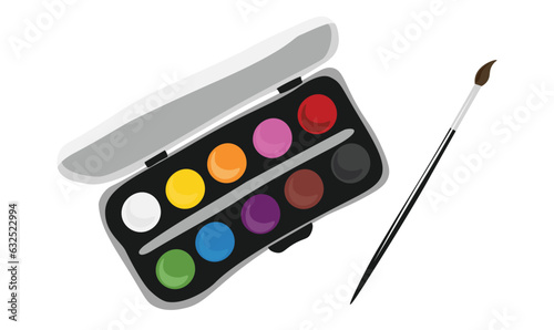 Watercolor paint box with paint brushes vector illustration. Watercolor paint box with colorful round paint pots. Back to school concept. School supplies collection. Art concept. Cartoon Doodle style