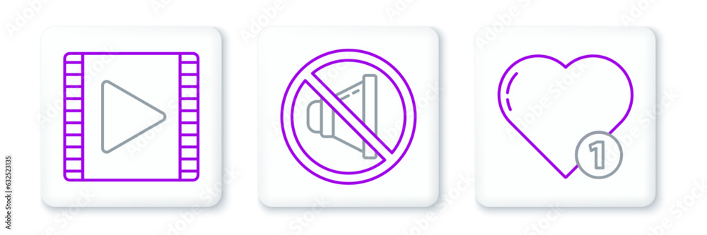 Set line Like and heart, Play Video and Speaker mute icon. Vector Set line Like and heart, Play Video and Speaker mute icon. Vector