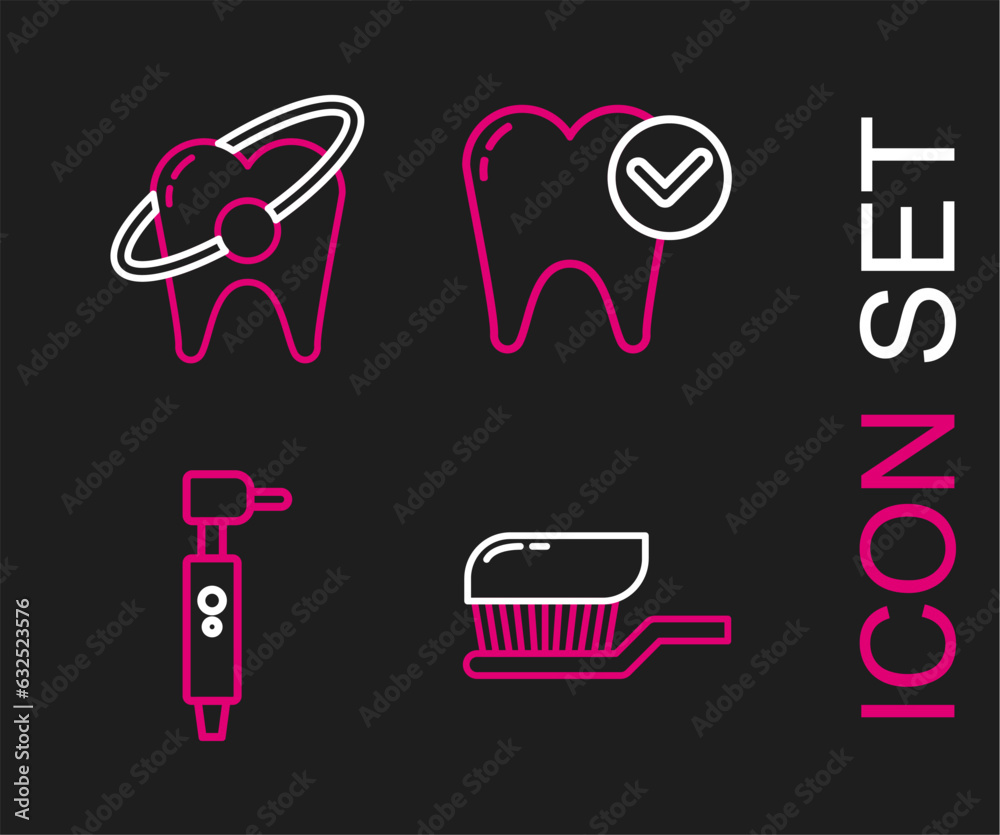 Set line Toothbrush with toothpaste, drill, whitening concept and icon. Vector Set line Toothbrush with toothpaste, drill, whitening concept and icon. Vector