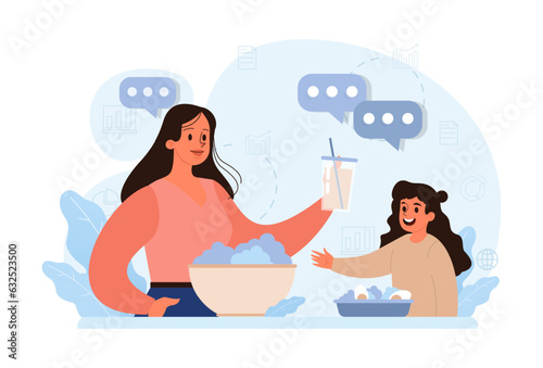 Hygge. Happy woman and girl relaxing at home, eating breakfast together,