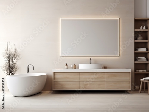 Modern bathroom interior with vanity, double sink, bathtub, and shower generative ai