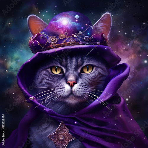 A sorcerer cat wearing luxury clothes in a mysterious background. Amazing digital illustration. CG Artwork Background