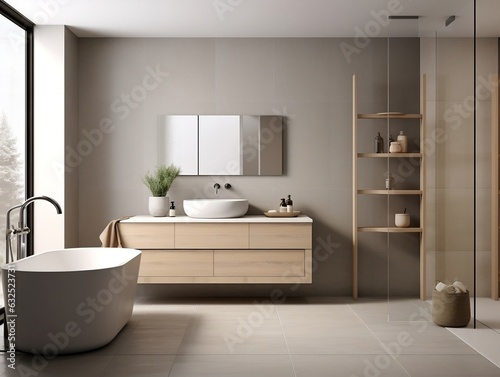 Modern bathroom interior with vanity  double sink  bathtub  and shower generative ai