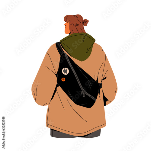 People with waistbag, fanny pack. Modern young woman walking in city with unisex bum bag with badges and patches. Girl in casual style, back view. Flat isolated vector illustration on white background photo