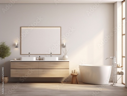 Modern bathroom interior with vanity  double sink  bathtub  and shower generative ai