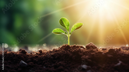 The seedlings are emerging from the fertile soil, reaching towards the morning sunlight that illuminates the background, symbolizing an ecological concept. Wide panoramic banner.Generative AI.