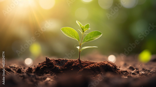 The seedlings are emerging from the fertile soil, reaching towards the morning sunlight that illuminates the background, symbolizing an ecological concept. Wide panoramic banner.Generative AI.